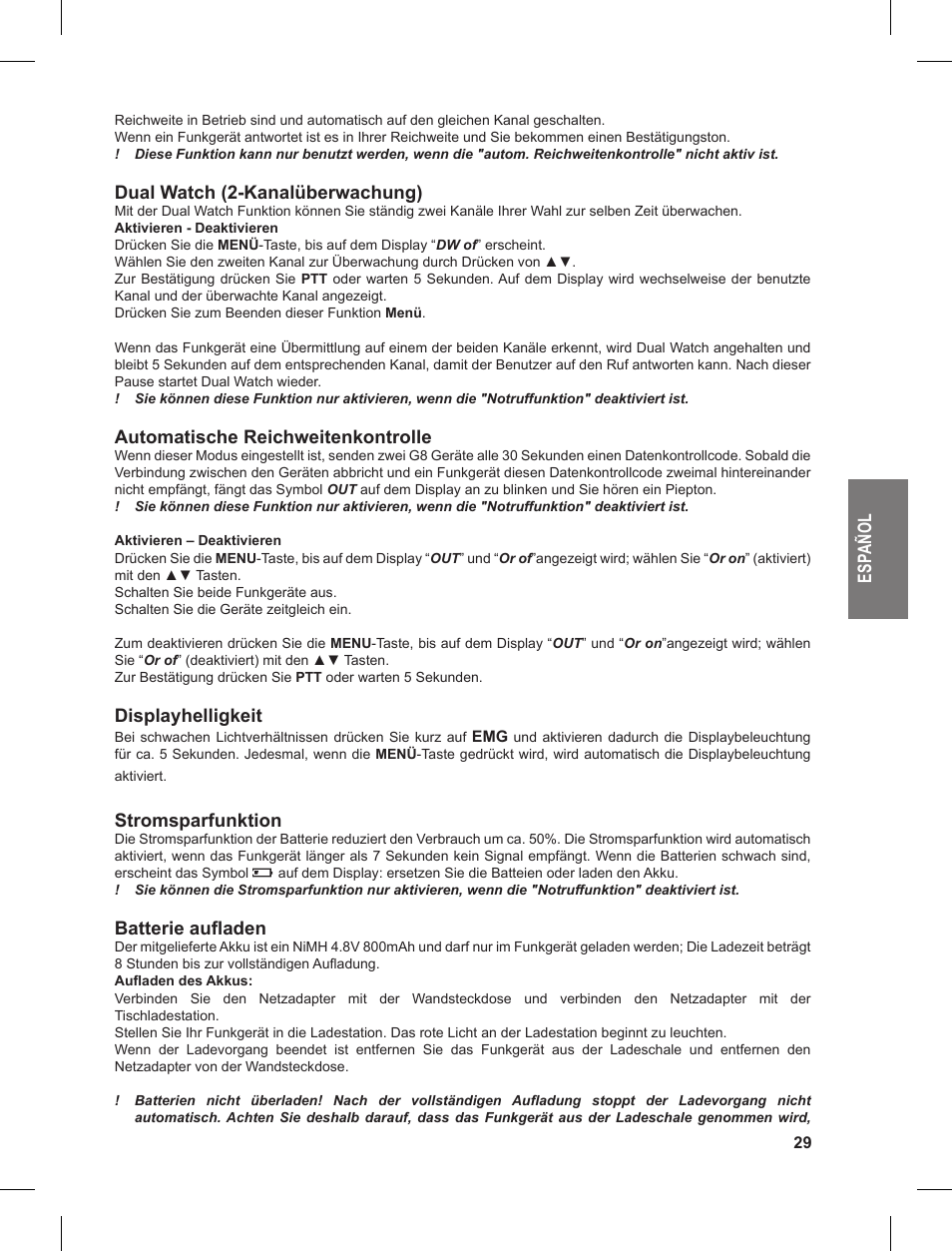 Es pa ño l, Dual watch (2-kanalüberwachung), Automatische reichweitenkontrolle | Displayhelligkeit, Stromsparfunktion, Batterie aufladen | MIDLAND G8 User Manual | Page 29 / 80