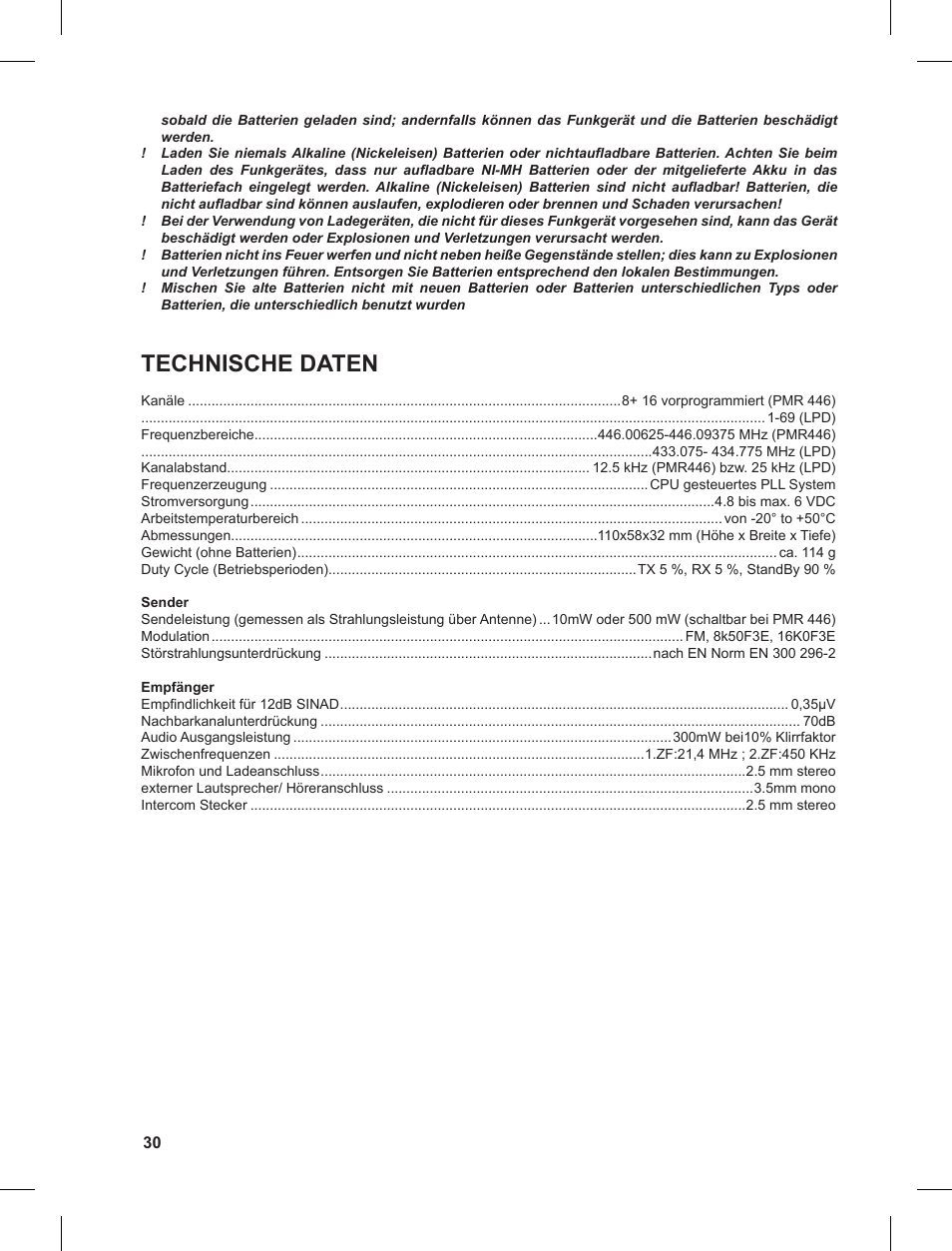 Technische daten | MIDLAND G8 User Manual | Page 30 / 80