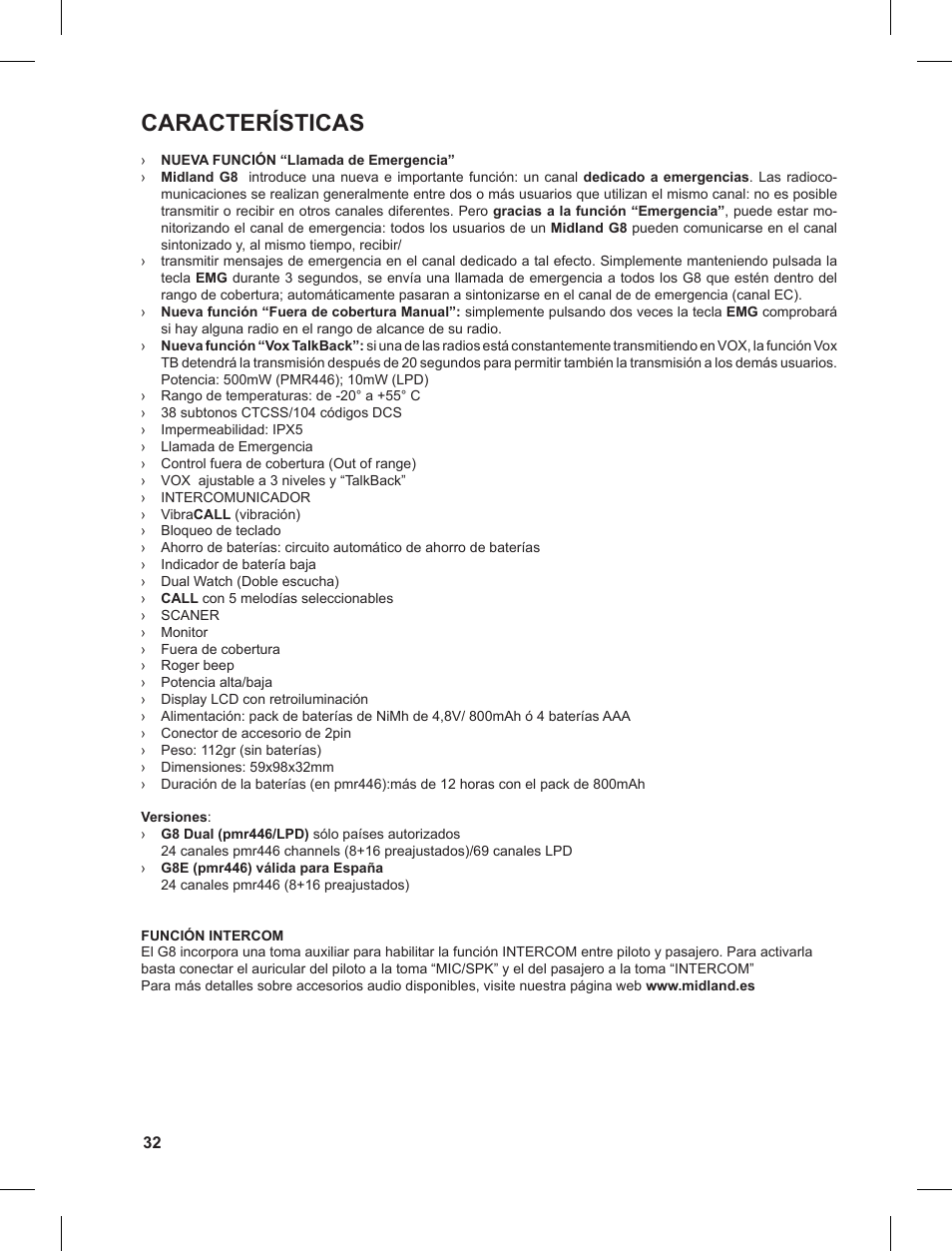 Características | MIDLAND G8 User Manual | Page 32 / 80