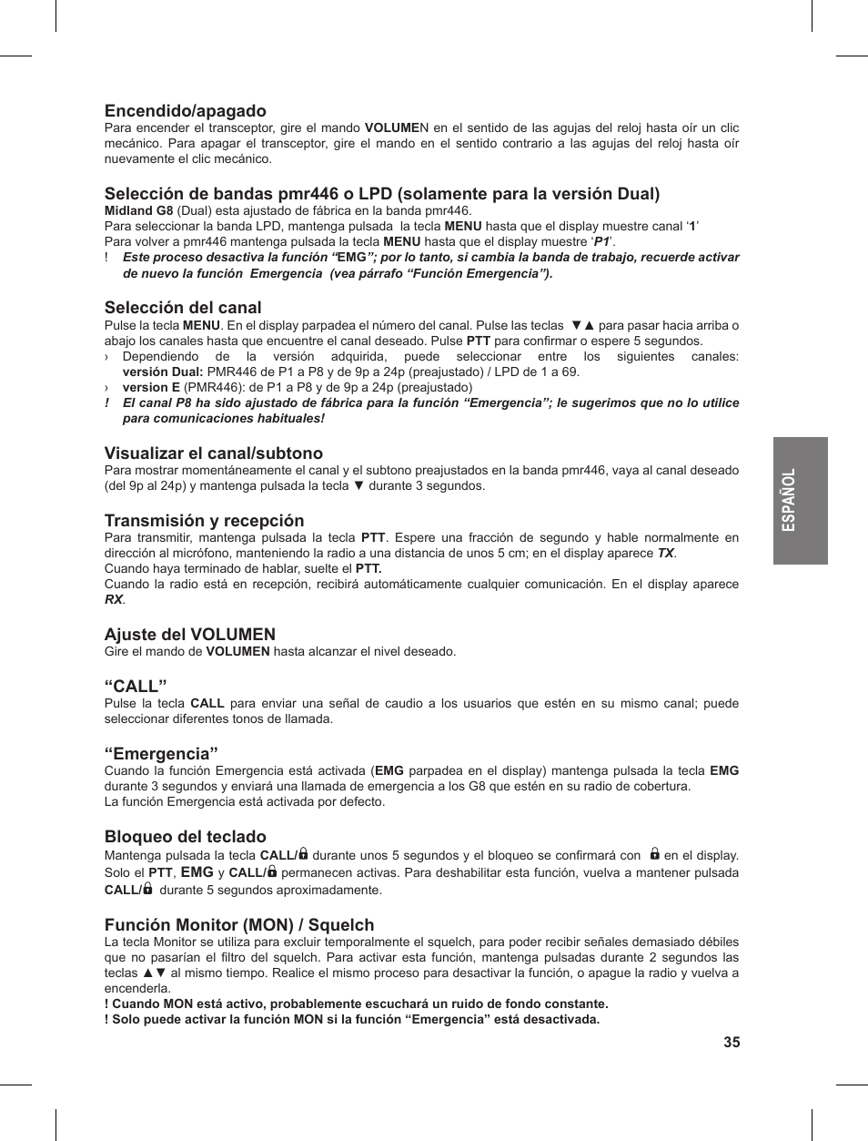 Es pa ño l encendido/apagado, Selección del canal, Visualizar el canal/subtono | Transmisión y recepción, Ajuste del volumen, Call, Emergencia, Bloqueo del teclado, Función monitor (mon) / squelch | MIDLAND G8 User Manual | Page 35 / 80