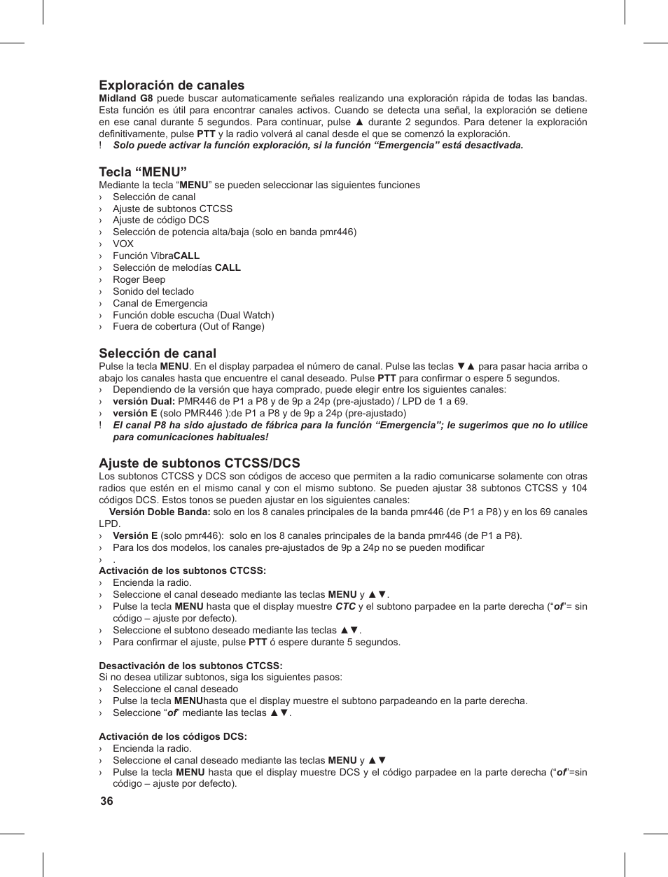 Exploración de canales, Tecla “menu, Selección de canal | Ajuste de subtonos ctcss/dcs | MIDLAND G8 User Manual | Page 36 / 80