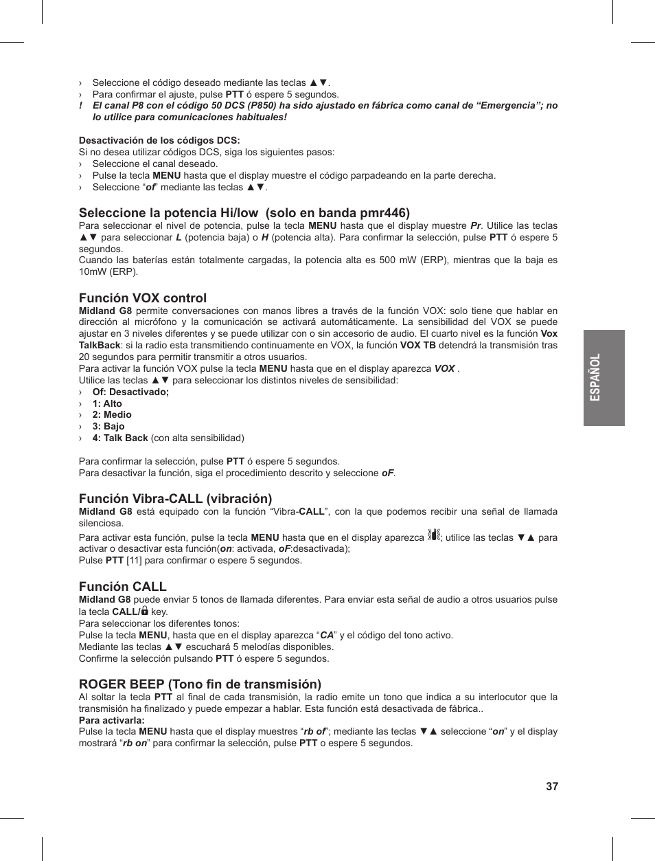 Es pa ño l, Función vox control, Función vibra-call (vibración) | Función call, Roger beep (tono fin de transmisión) | MIDLAND G8 User Manual | Page 37 / 80