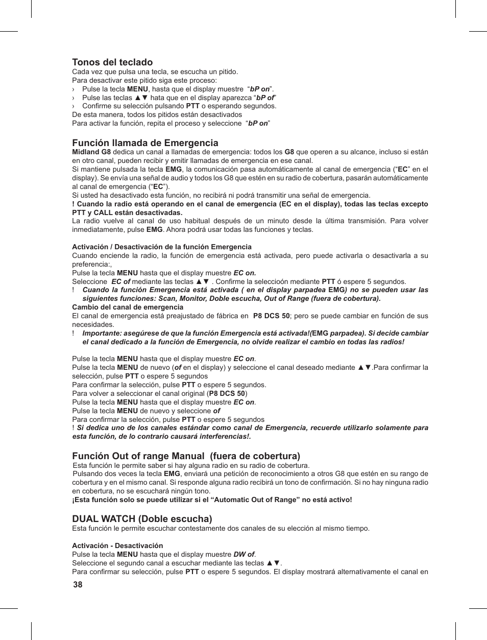 Tonos del teclado, Función llamada de emergencia, Función out of range manual (fuera de cobertura) | Dual watch (doble escucha) | MIDLAND G8 User Manual | Page 38 / 80