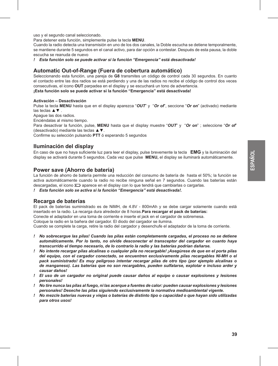 Es pa ño l, Iluminación del display, Power save (ahorro de batería) | Recarga de baterías | MIDLAND G8 User Manual | Page 39 / 80