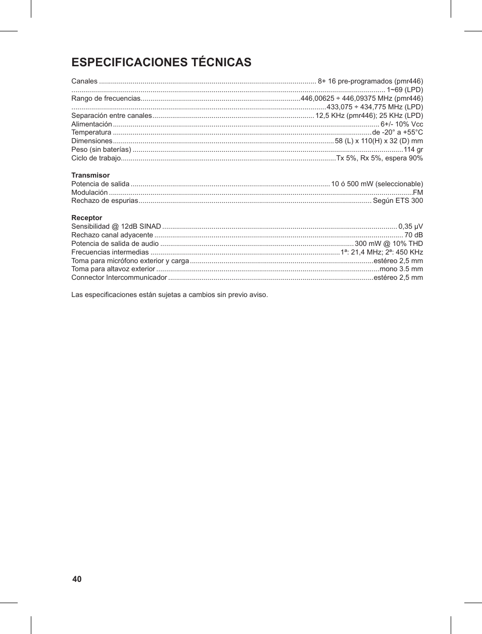 Especificaciones técnicas | MIDLAND G8 User Manual | Page 40 / 80