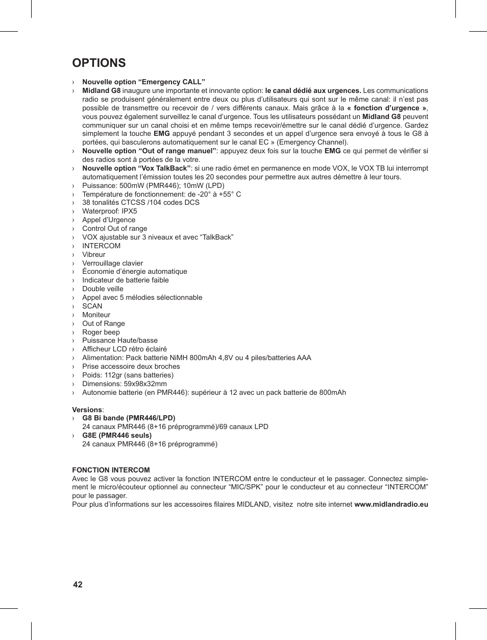 Options | MIDLAND G8 User Manual | Page 42 / 80