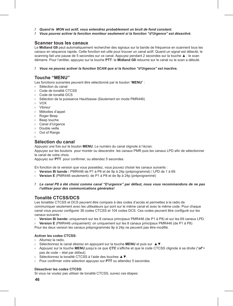 Scanner tous les canaux, Touche “menu, Sélection du canal | Tonalité ctcss/dcs | MIDLAND G8 User Manual | Page 46 / 80