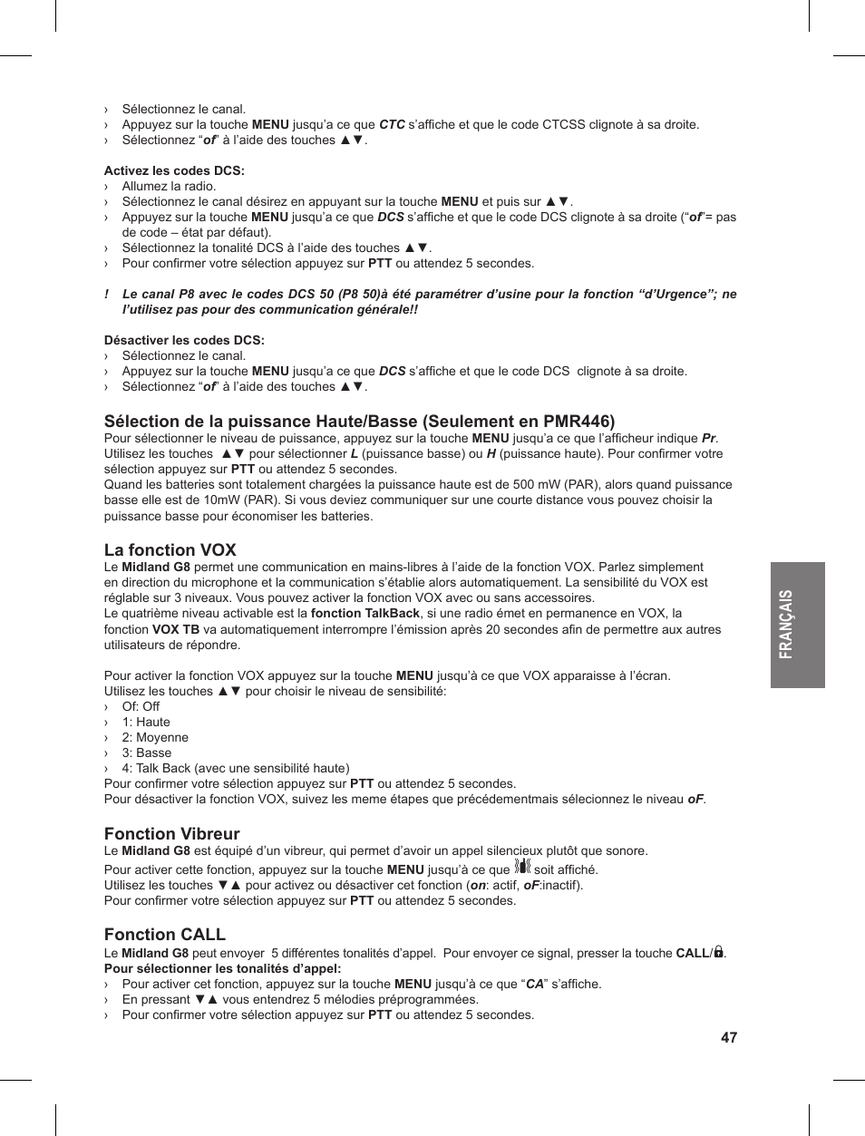 Fr an ça is, La fonction vox, Fonction vibreur | Fonction call | MIDLAND G8 User Manual | Page 47 / 80