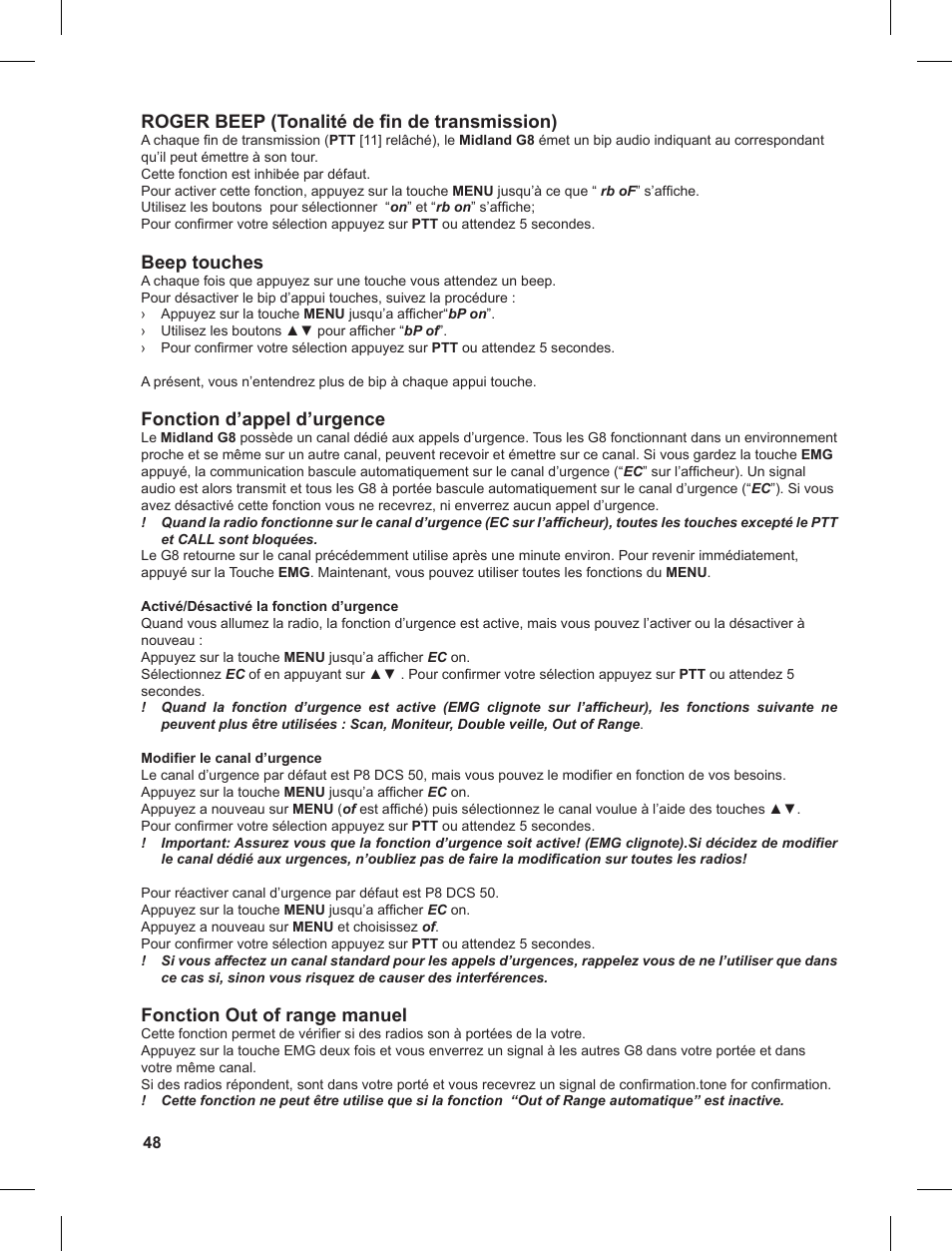 Roger beep (tonalité de fin de transmission), Beep touches, Fonction d’appel d’urgence | Fonction out of range manuel | MIDLAND G8 User Manual | Page 48 / 80