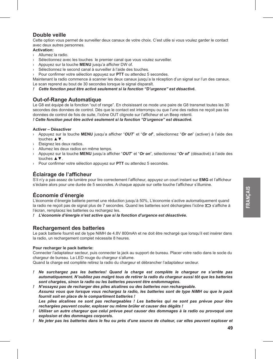 Fr an ça is double veille, Out-of-range automatique, Éclairage de l’afficheur | Économie d’énergie, Rechargement des batteries | MIDLAND G8 User Manual | Page 49 / 80