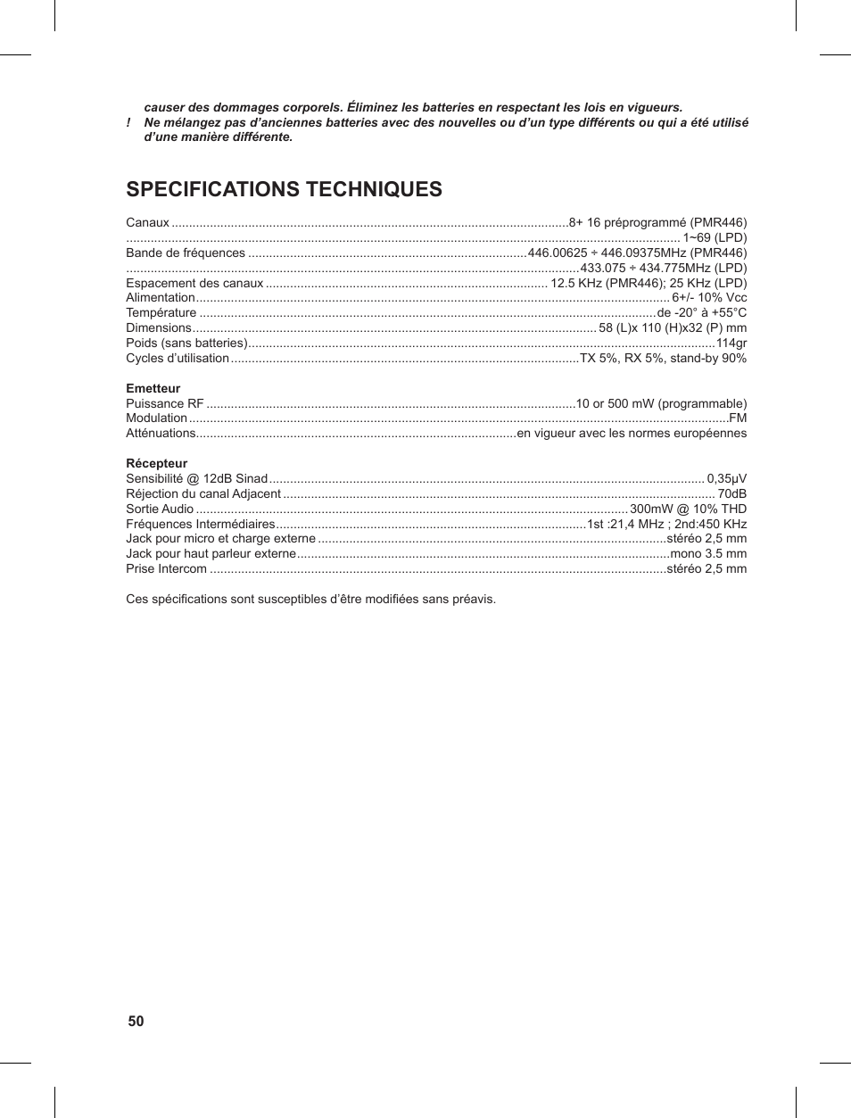 Specifications techniques | MIDLAND G8 User Manual | Page 50 / 80