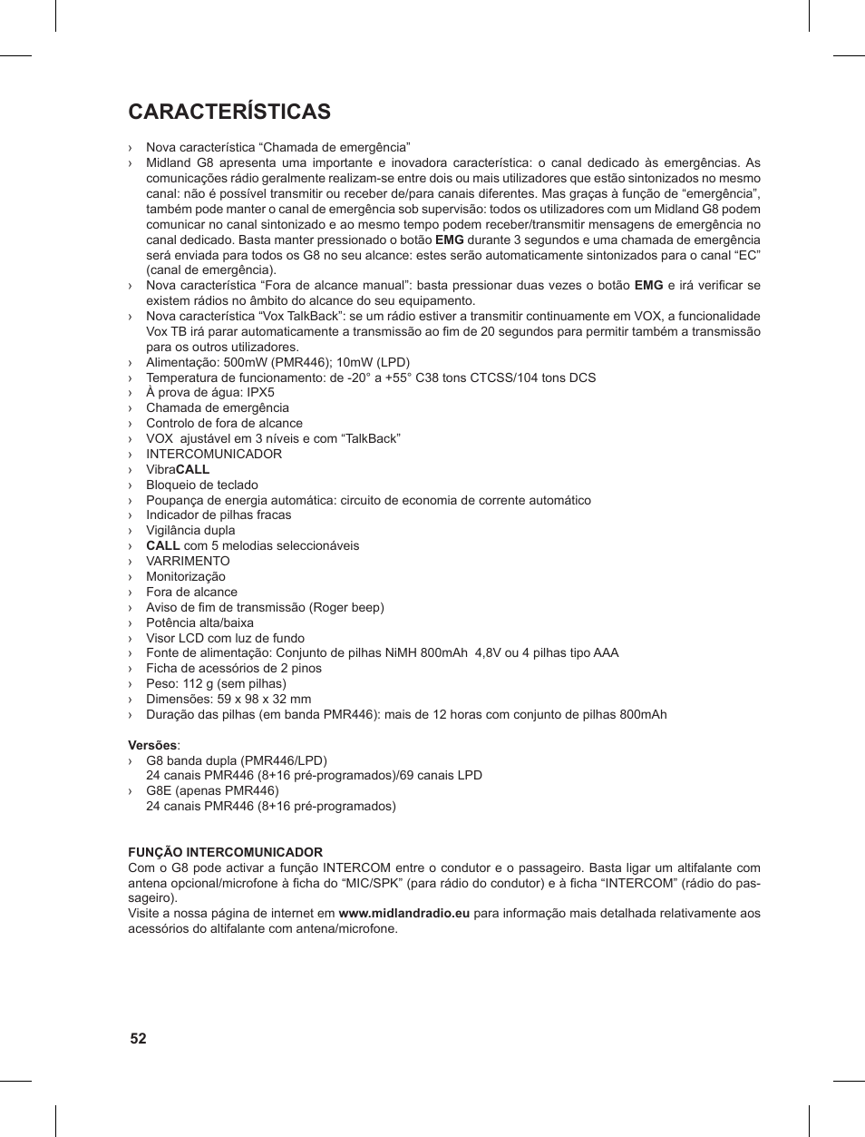 Características | MIDLAND G8 User Manual | Page 52 / 80