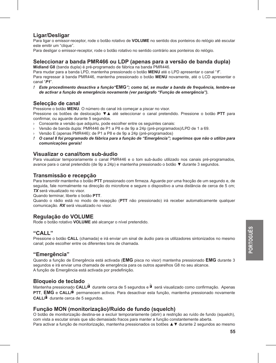 Po rt og uê s ligar/desligar, Selecção de canal, Visualizar o canal/tom sub-áudio | Transmissão e recepção, Regulação do volume, Call, Emergência, Bloqueio de teclado | MIDLAND G8 User Manual | Page 55 / 80