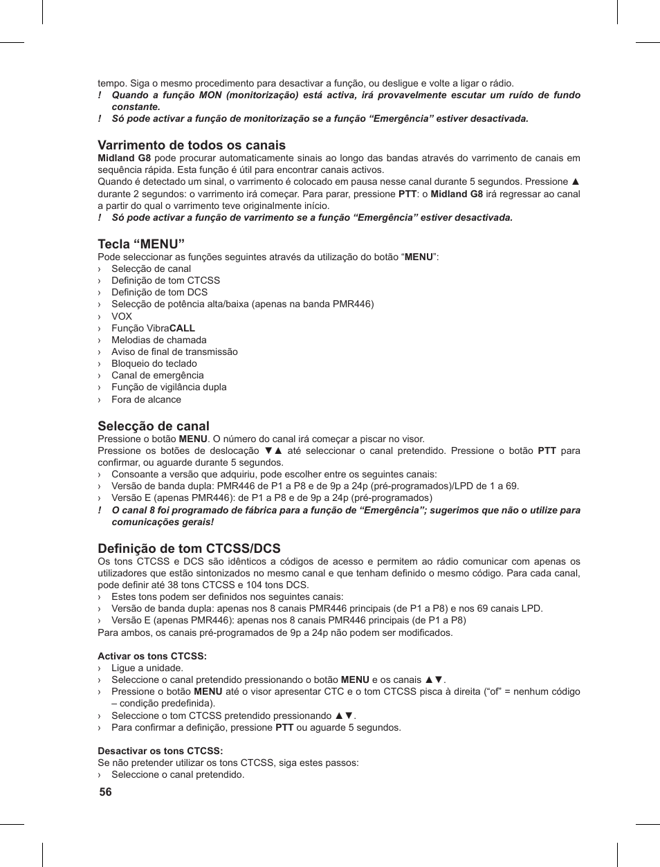 Varrimento de todos os canais, Tecla “menu, Selecção de canal | Definição de tom ctcss/dcs | MIDLAND G8 User Manual | Page 56 / 80