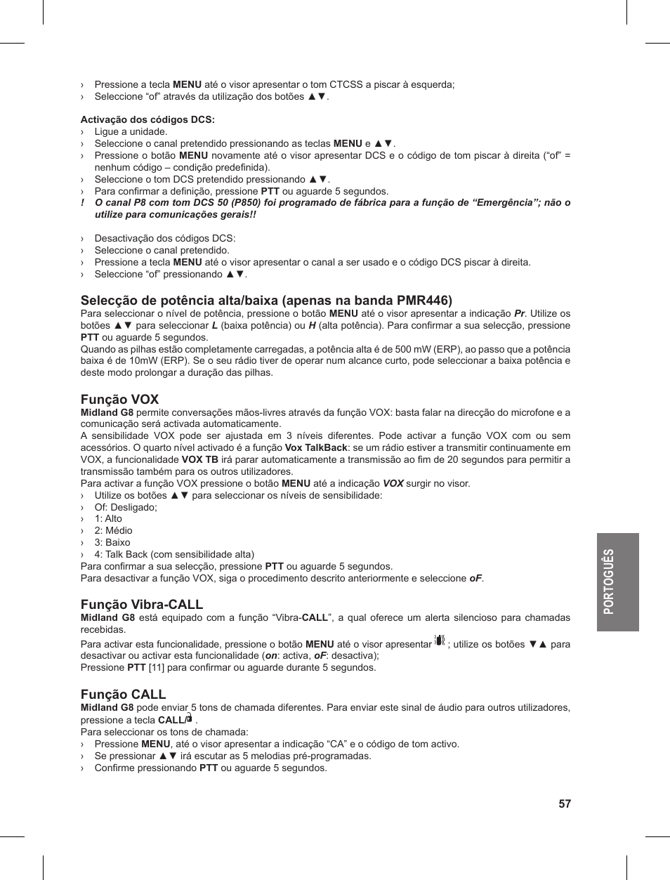 Po rt og uê s, Função vox, Função vibra-call | Função call | MIDLAND G8 User Manual | Page 57 / 80