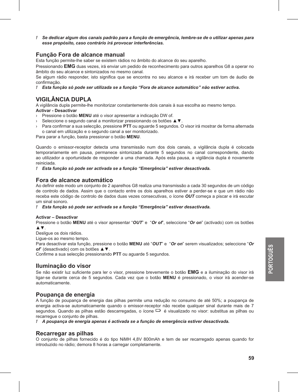 Po rt og uê s, Função fora de alcance manual, Vigilância dupla | Fora de alcance automático, Iluminação do visor, Poupança de energia, Recarregar as pilhas | MIDLAND G8 User Manual | Page 59 / 80