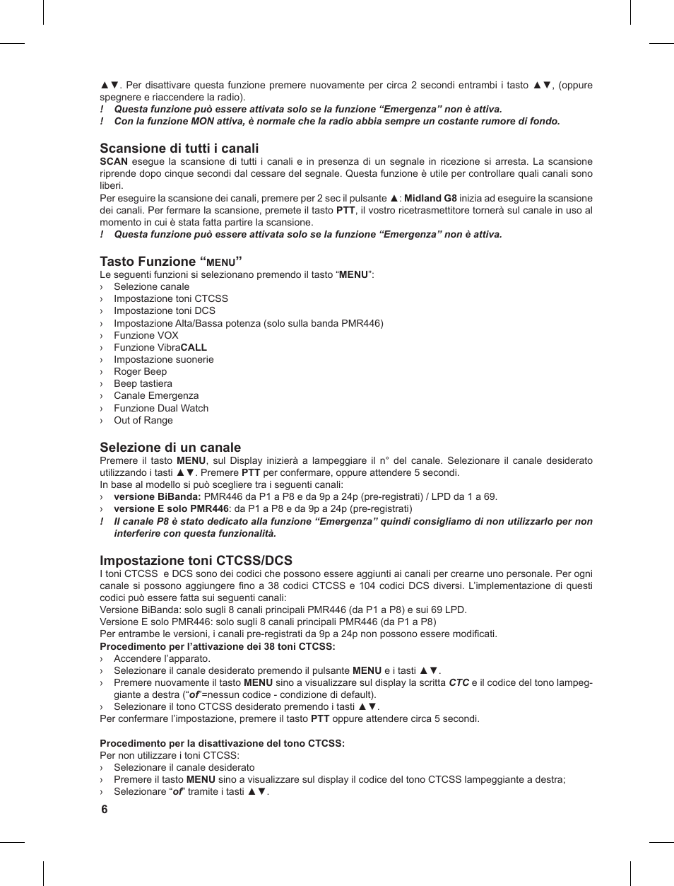 Scansione di tutti i canali, Tasto funzione, Selezione di un canale | Impostazione toni ctcss/dcs | MIDLAND G8 User Manual | Page 6 / 80