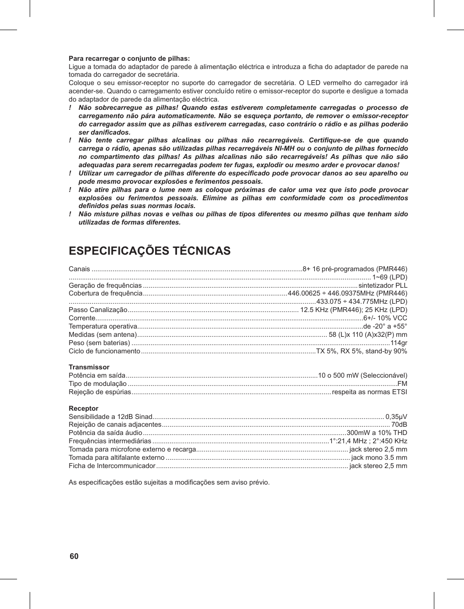 Especificações técnicas | MIDLAND G8 User Manual | Page 60 / 80