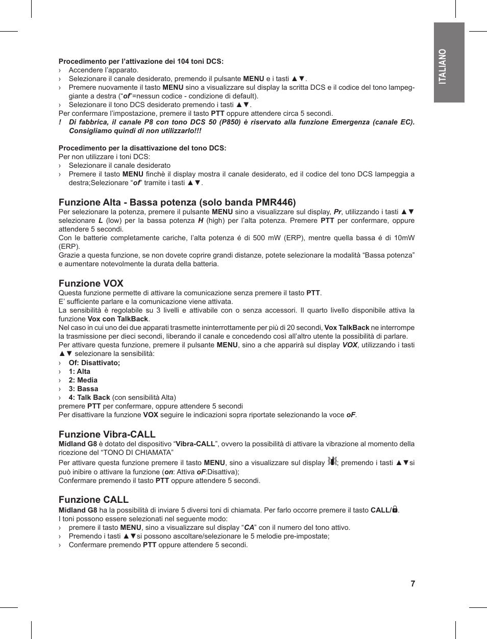 Ita li an o, Funzione alta - bassa potenza (solo banda pmr446), Funzione vox | Funzione vibra-call, Funzione call | MIDLAND G8 User Manual | Page 7 / 80
