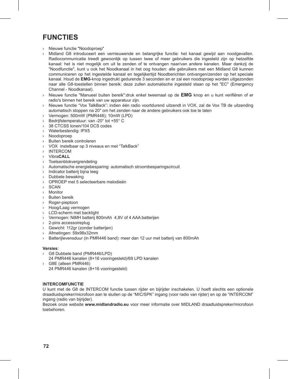 Functies | MIDLAND G8 User Manual | Page 72 / 80