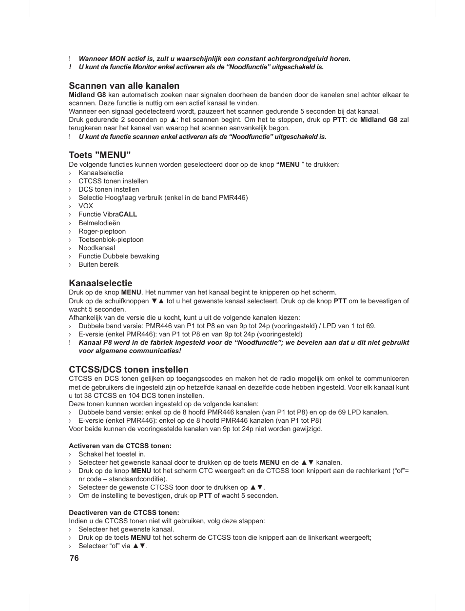 Scannen van alle kanalen, Toets "menu, Kanaalselectie | Ctcss/dcs tonen instellen | MIDLAND G8 User Manual | Page 76 / 80