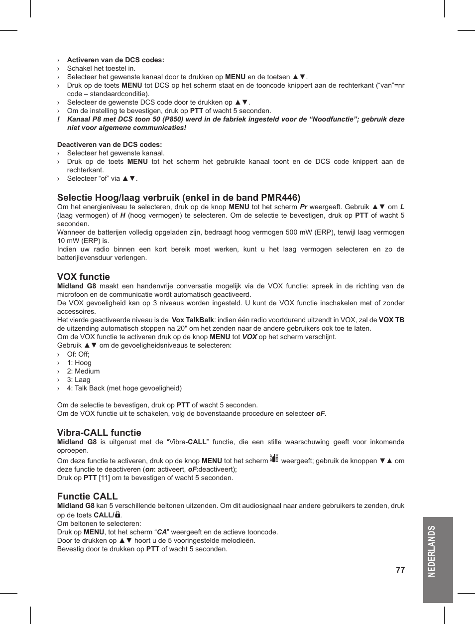 Ne de rl an ds, Vox functie, Vibra-call functie | Functie call | MIDLAND G8 User Manual | Page 77 / 80