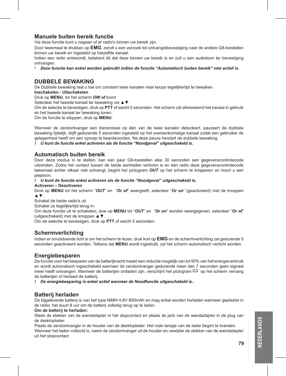 Ne de rl an ds manuele buiten bereik functie, Dubbele bewaking, Automatisch buiten bereik | Schermverlichting, Energiebesparen, Batterij herladen | MIDLAND G8 User Manual | Page 79 / 80