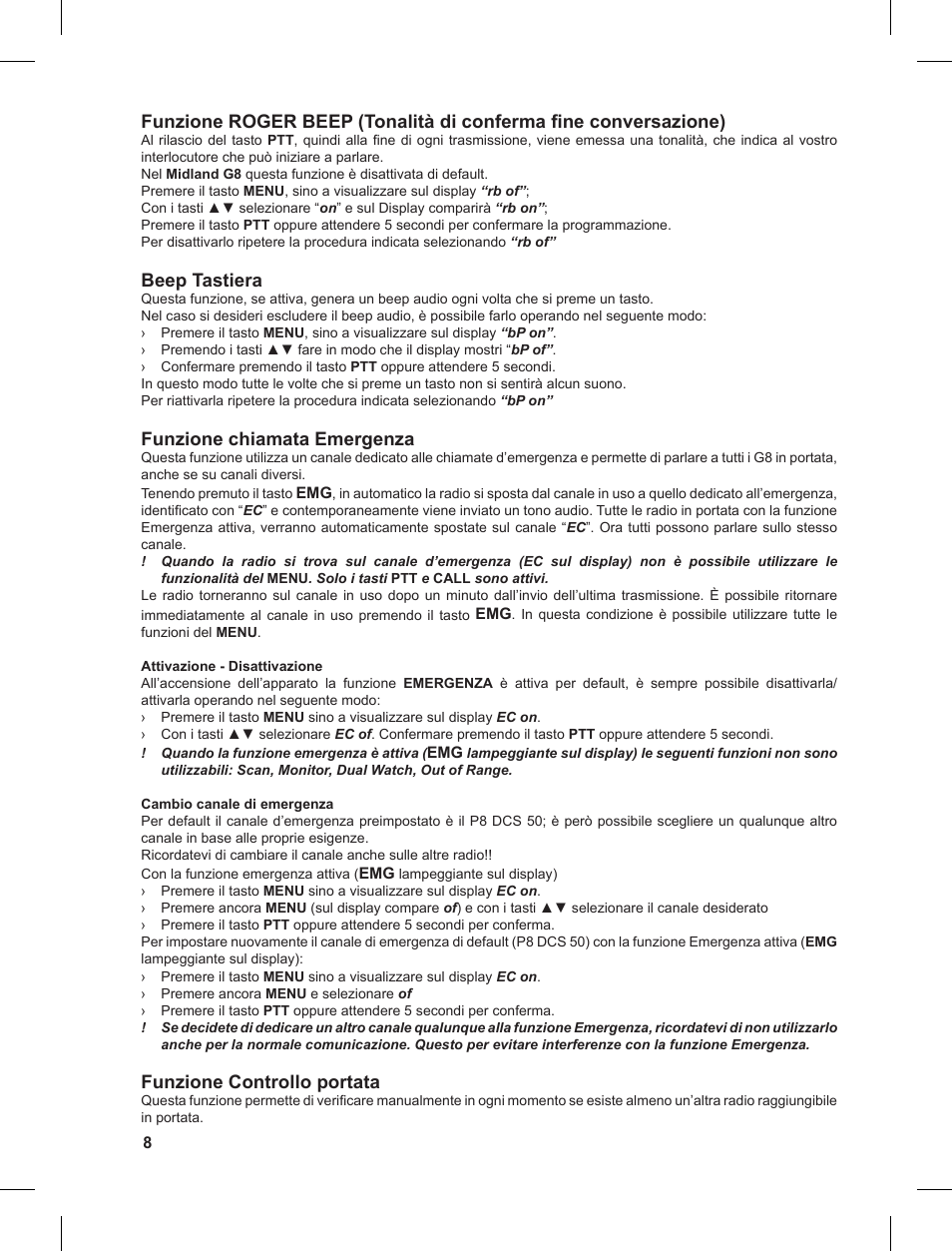 Beep tastiera, Funzione chiamata emergenza, Funzione controllo portata | MIDLAND G8 User Manual | Page 8 / 80