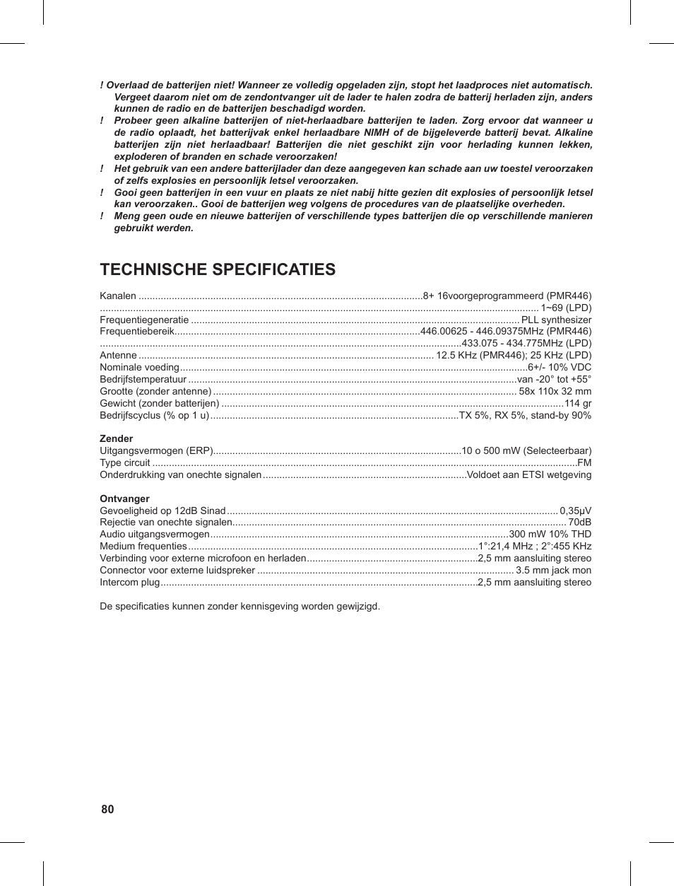 Technische specificaties | MIDLAND G8 User Manual | Page 80 / 80