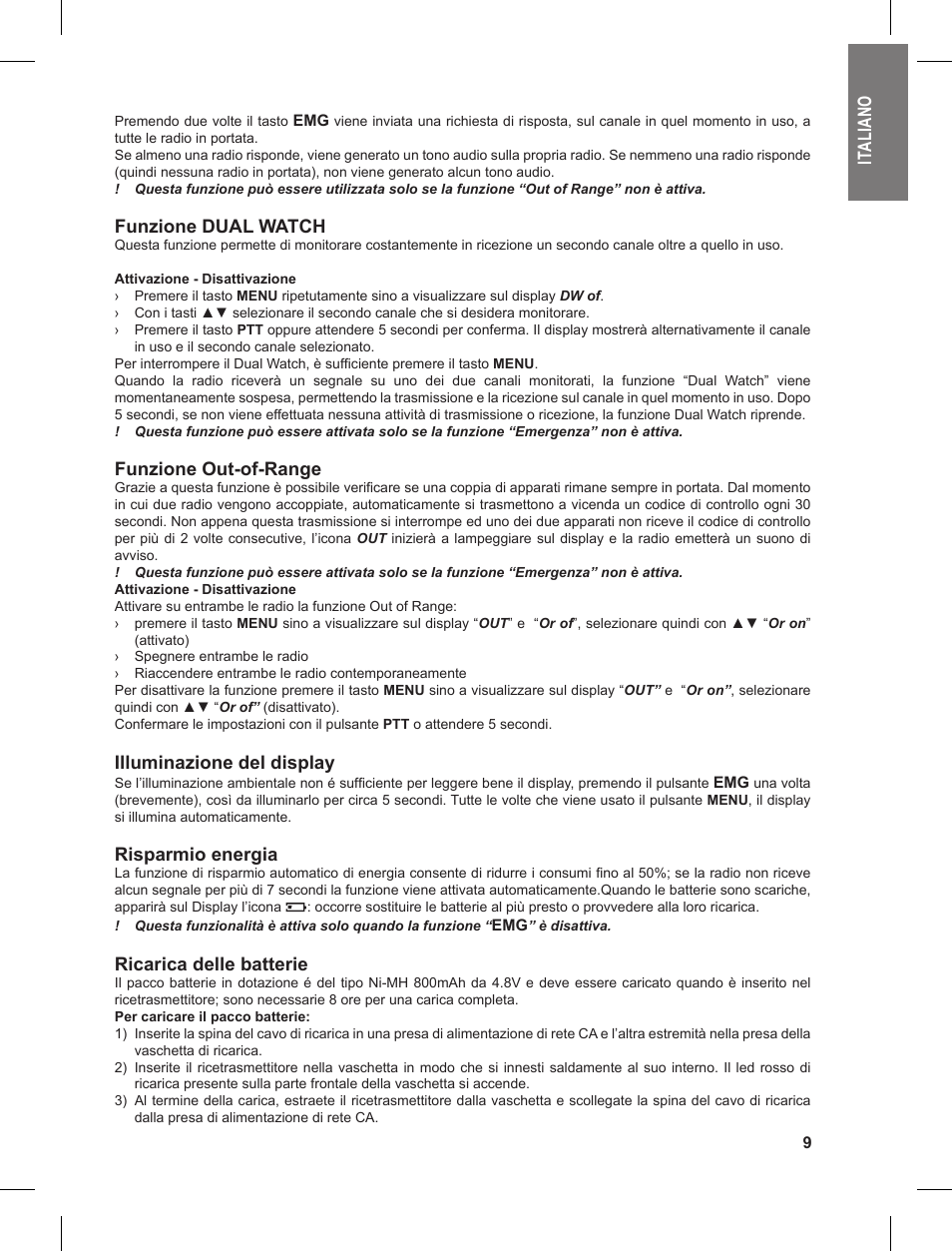 Ita li an o, Funzione dual watch, Funzione out-of-range | Illuminazione del display, Risparmio energia, Ricarica delle batterie | MIDLAND G8 User Manual | Page 9 / 80