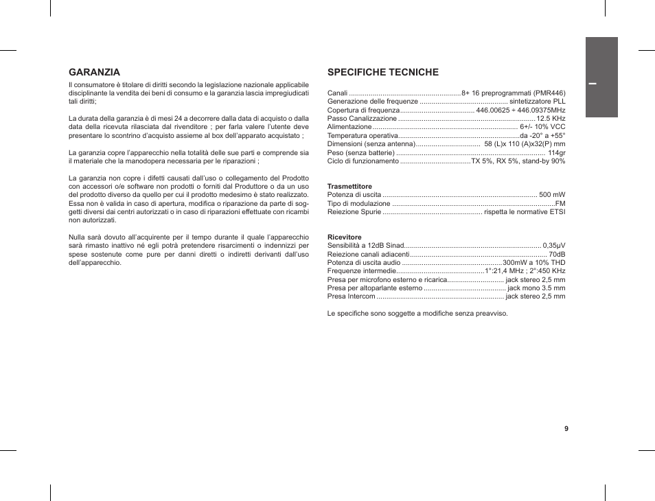 Garanzia, Specifiche tecniche | MIDLAND G8 E BT User Manual | Page 11 / 86