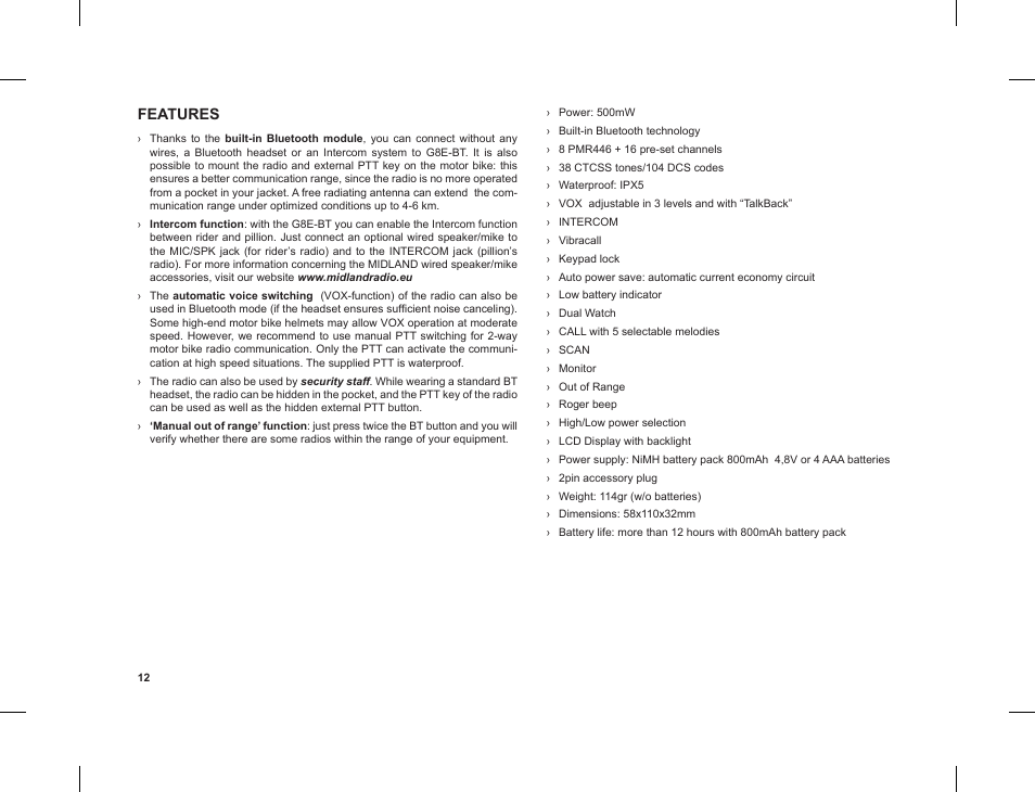 Features | MIDLAND G8 E BT User Manual | Page 14 / 86