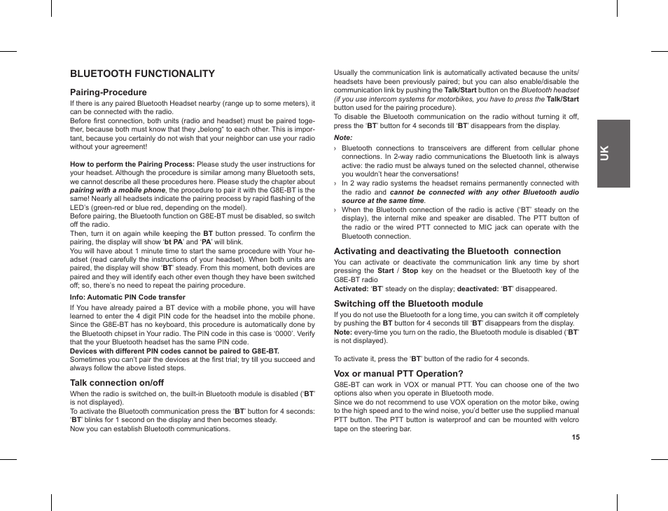 Bluetooth functionality | MIDLAND G8 E BT User Manual | Page 17 / 86