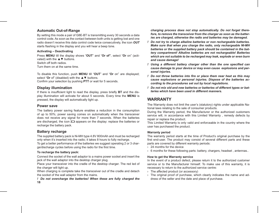 Warranty | MIDLAND G8 E BT User Manual | Page 20 / 86