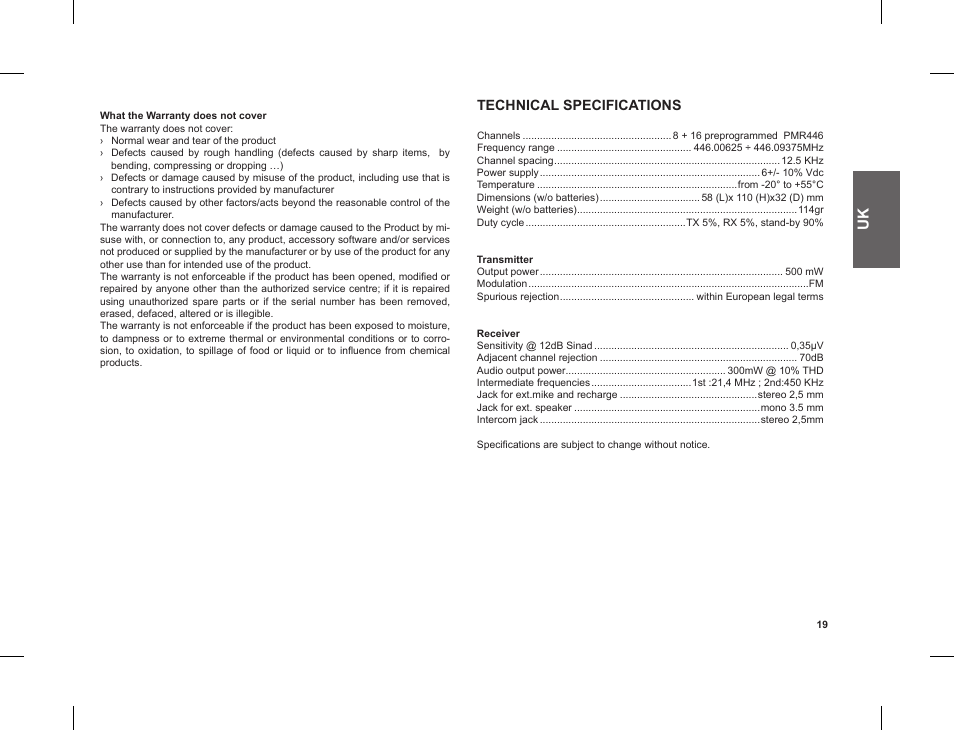Technical specifications | MIDLAND G8 E BT User Manual | Page 21 / 86
