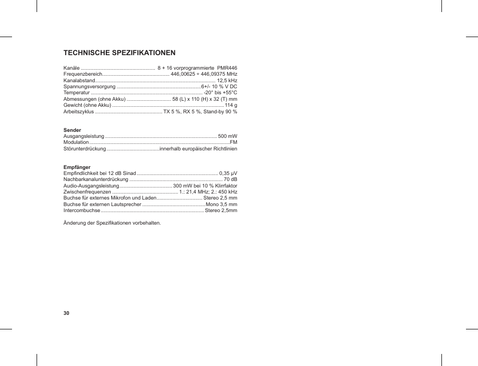 Technische spezifikationen | MIDLAND G8 E BT User Manual | Page 32 / 86