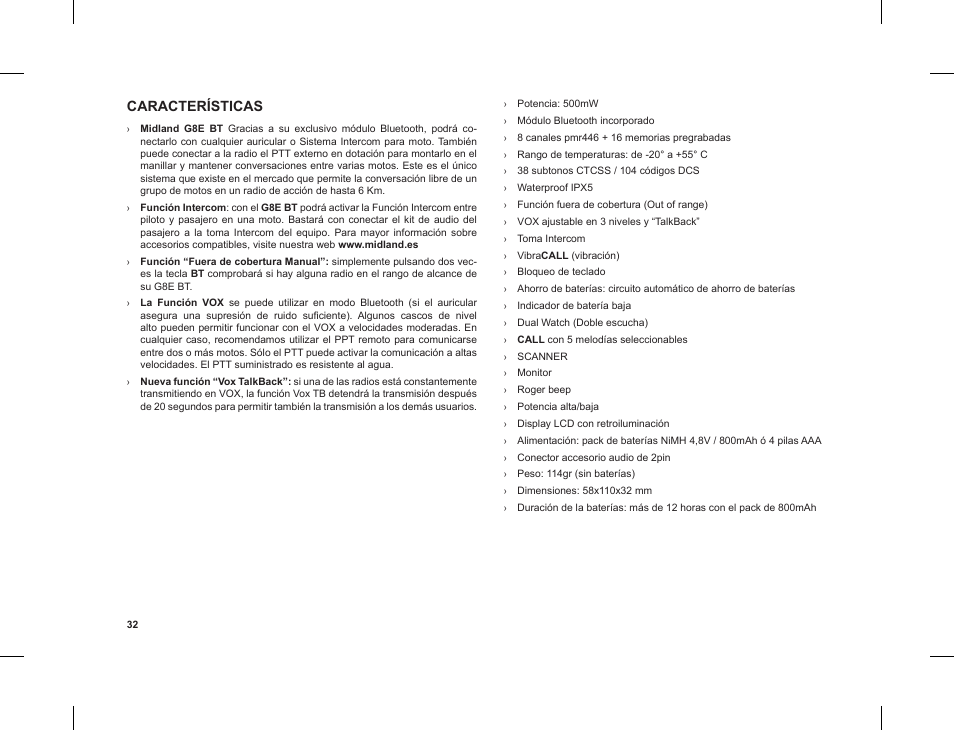Características | MIDLAND G8 E BT User Manual | Page 34 / 86