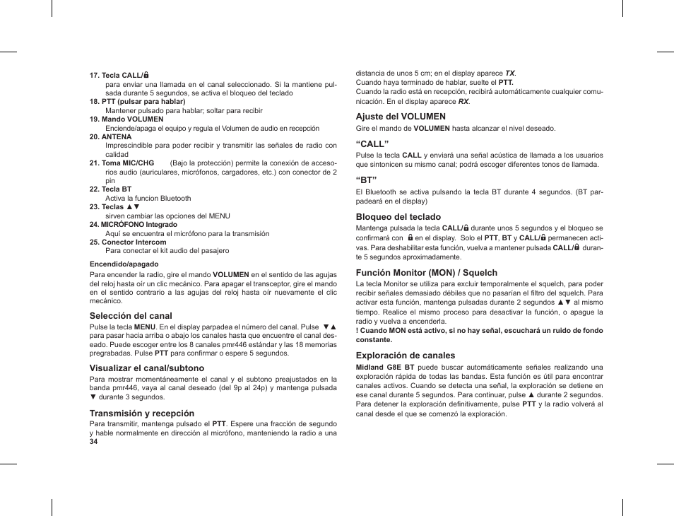 Selección del canal, Visualizar el canal/subtono, Transmisión y recepción | Ajuste del volumen, Call, Bloqueo del teclado, Función monitor (mon) / squelch, Exploración de canales | MIDLAND G8 E BT User Manual | Page 36 / 86