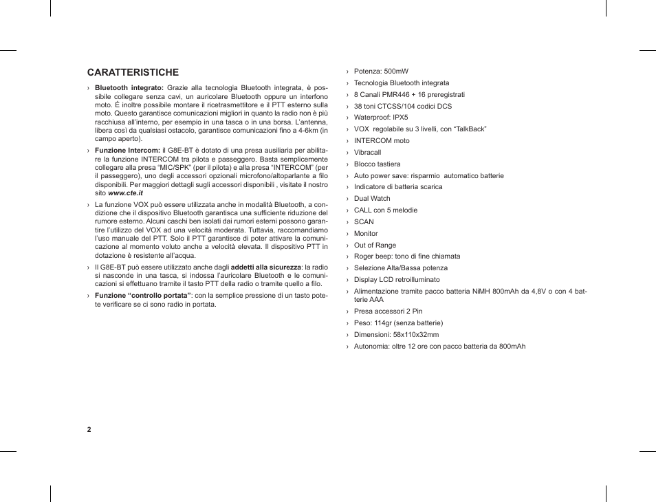 Caratteristiche | MIDLAND G8 E BT User Manual | Page 4 / 86