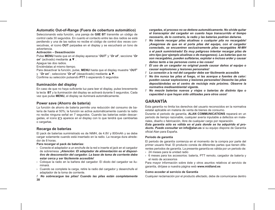 Garantía | MIDLAND G8 E BT User Manual | Page 40 / 86