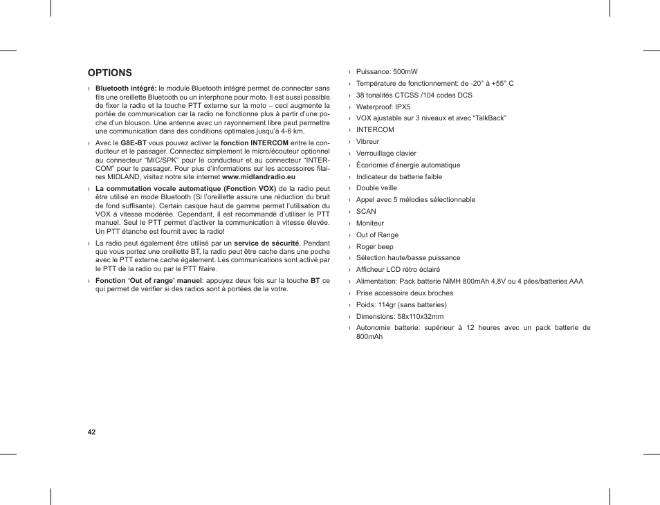 Options | MIDLAND G8 E BT User Manual | Page 44 / 86