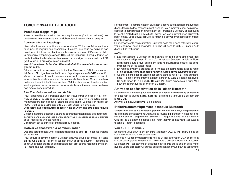 Fonctionnalite bluetooth | MIDLAND G8 E BT User Manual | Page 47 / 86