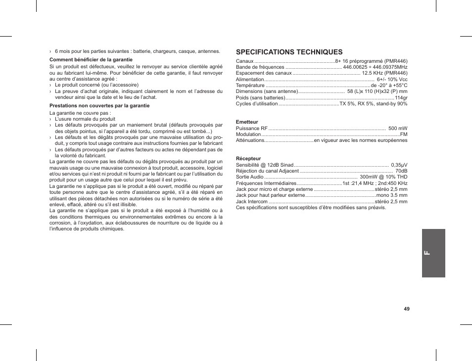 Specifications techniques | MIDLAND G8 E BT User Manual | Page 51 / 86