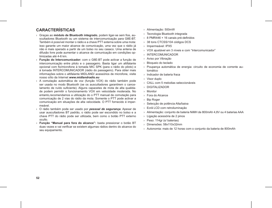 Características | MIDLAND G8 E BT User Manual | Page 54 / 86