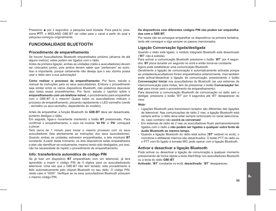Funcionalidade bluetooth | MIDLAND G8 E BT User Manual | Page 57 / 86