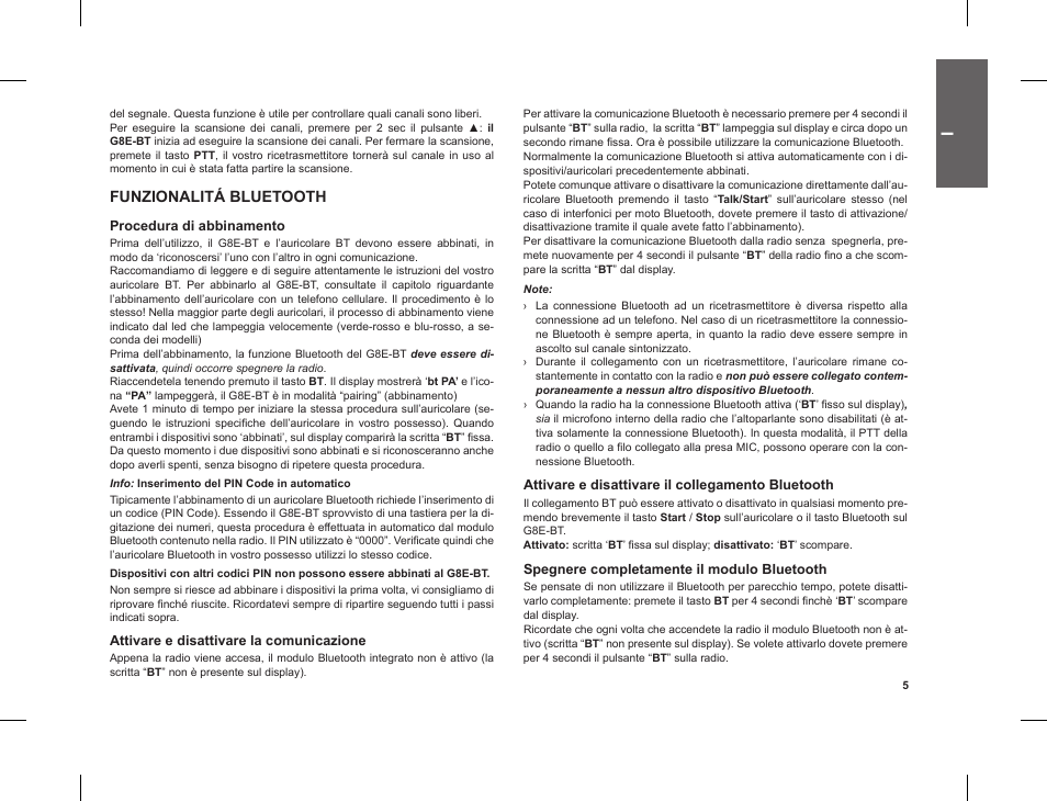 Funzionalitá bluetooth | MIDLAND G8 E BT User Manual | Page 7 / 86