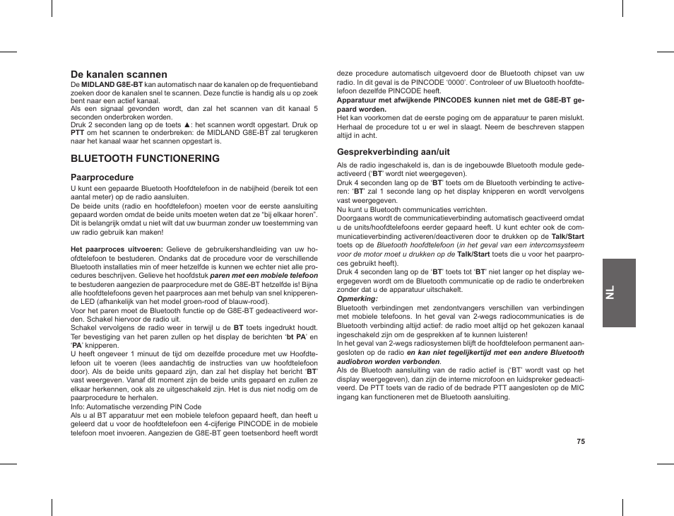 De kanalen scannen, Bluetooth functionering | MIDLAND G8 E BT User Manual | Page 77 / 86