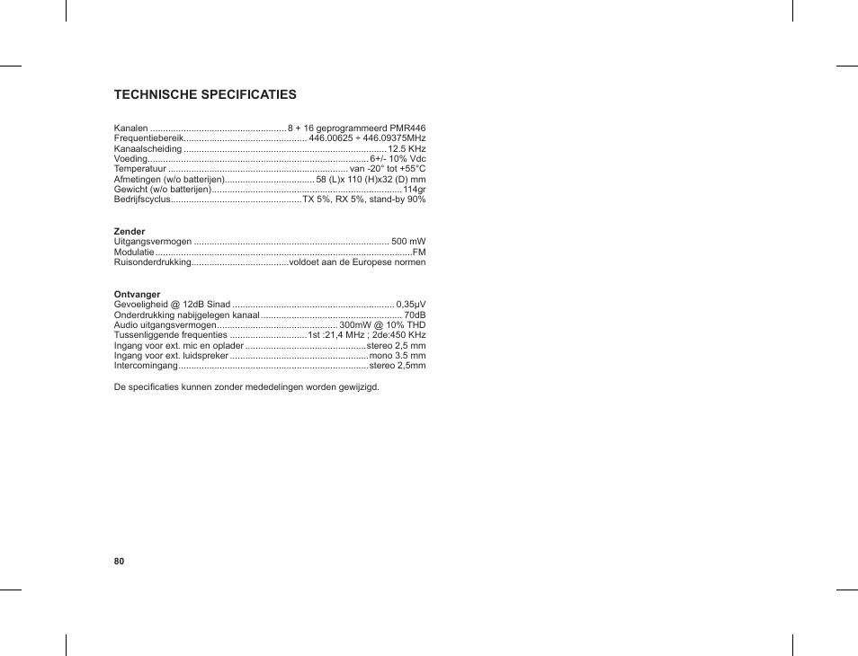 Technische specificaties | MIDLAND G8 E BT User Manual | Page 82 / 86