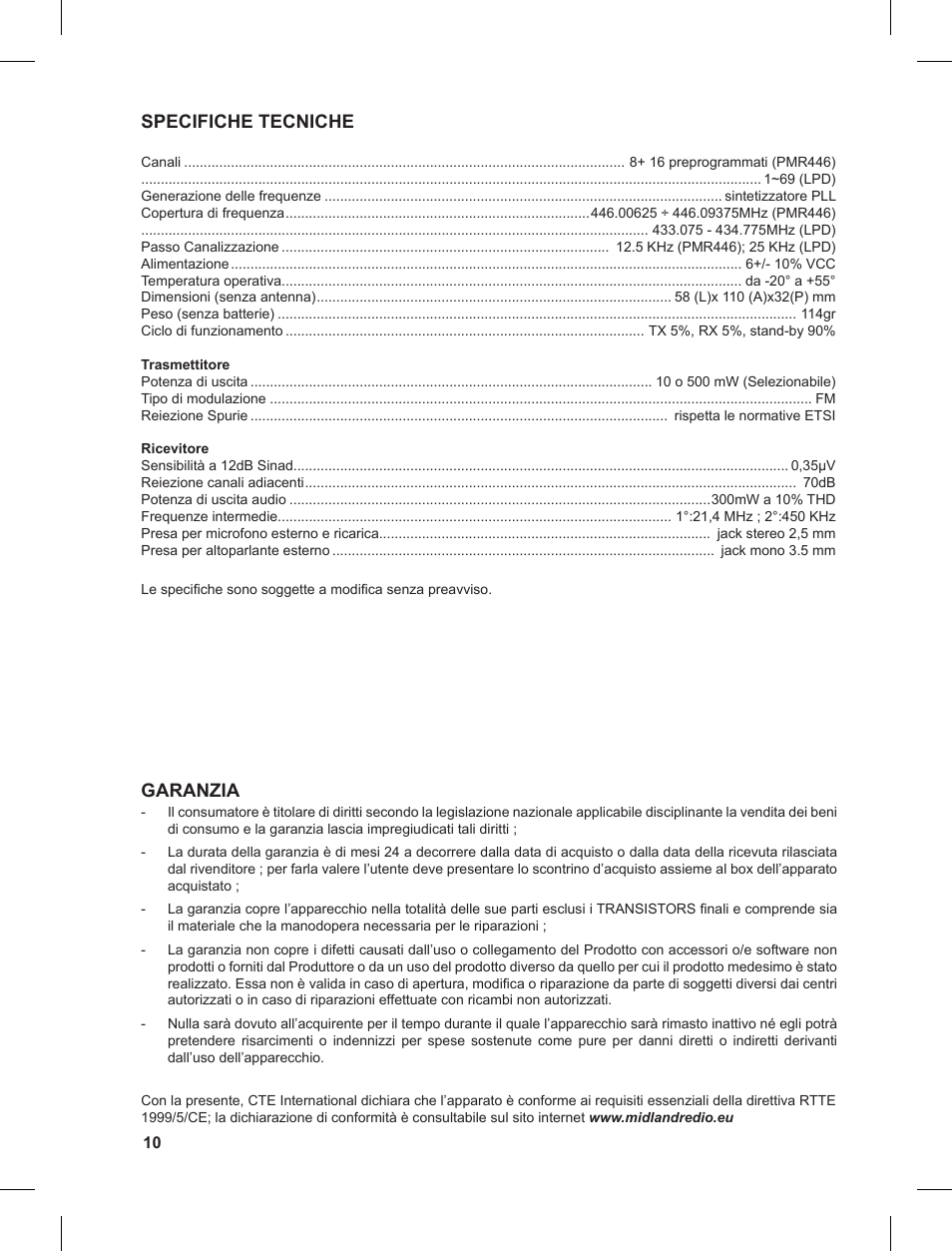 Specifiche tecniche, Garanzia | MIDLAND G9 User Manual | Page 10 / 90