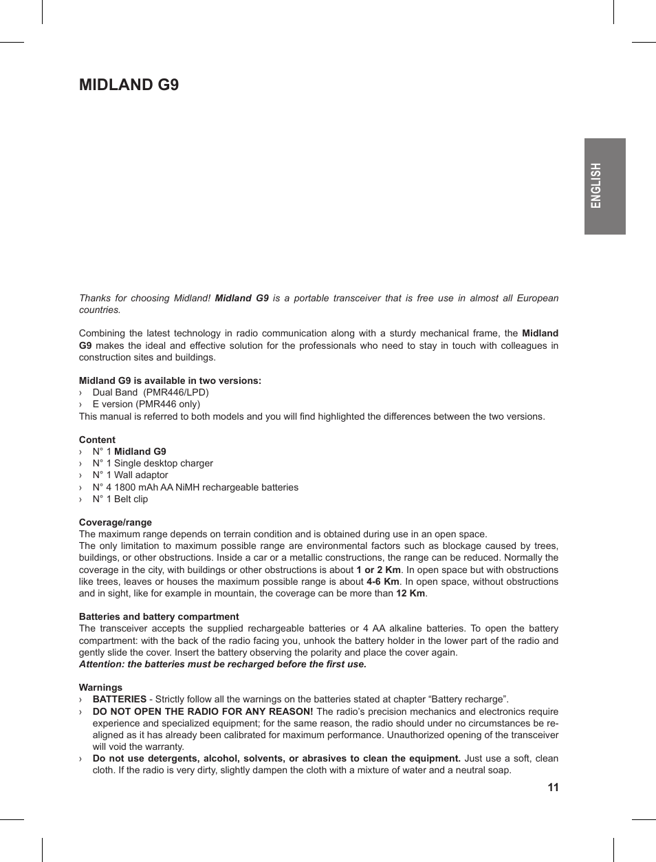 Midland g9, En gl is h | MIDLAND G9 User Manual | Page 11 / 90